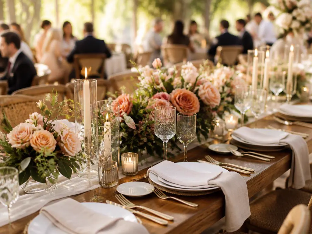 Table de réception de mariage dressée avec des fleurs roses et pêche