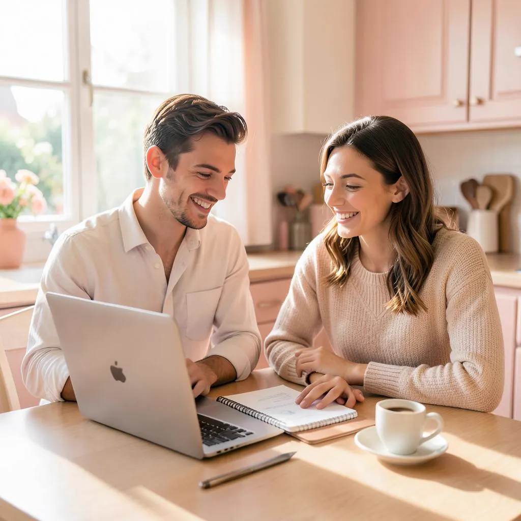 Un couple suit le budget de son mariage sur un ordinateur portable